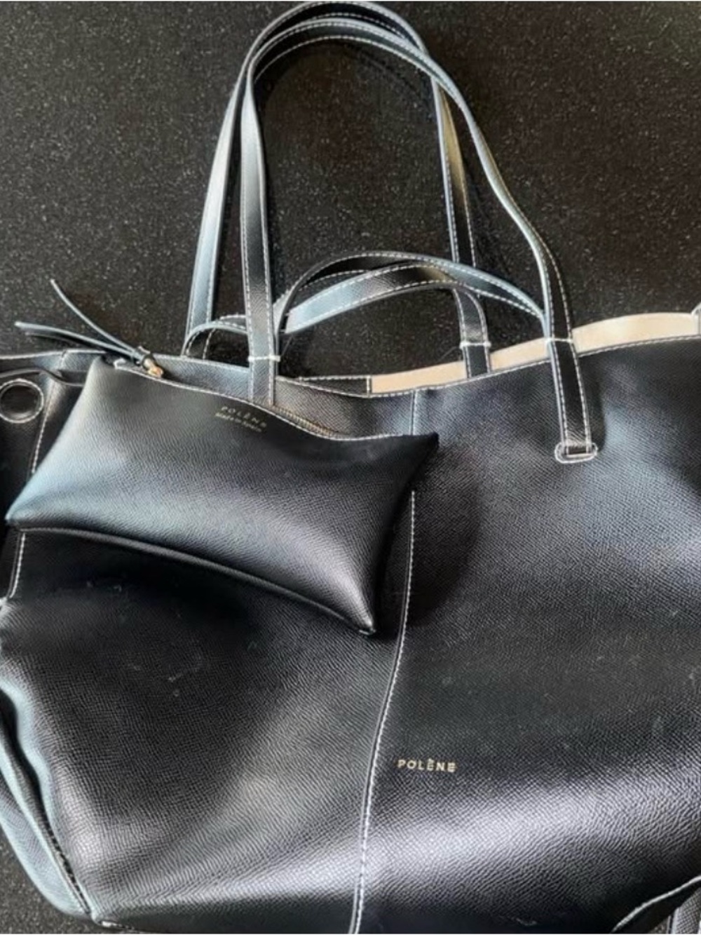 Black Leather Tote with Detachable Pouch - Picture 2 of 2